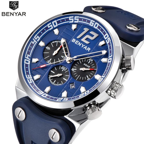 

benyar2019 new men's watch quartz watch men's silicone strap calendar function chronograph waterproof, Slivery;brown