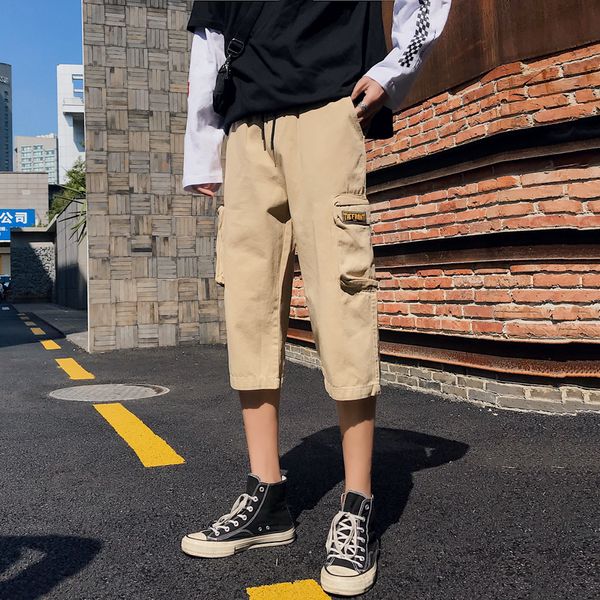 

spring new multi-pocket overalls men's loose casual pants youthful handsome straight cropped trousers korean version s, Black