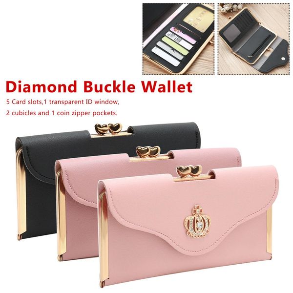 

women clutch long wallet pu leather diamond buckle wallet female zipper coin purse card holder purse, Red;black