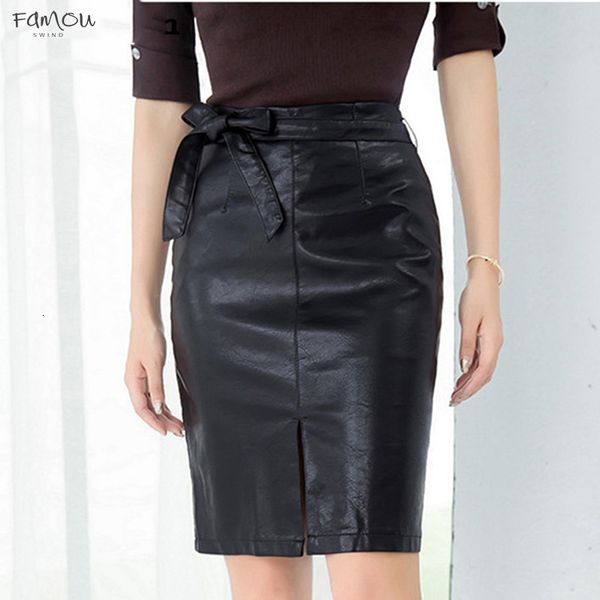

New 2019 Women Pu Leather Skirt Autumn Winter Pencil Eelegant Bow Ladies Fashion Package Sk3440 Hip Slit Midi
