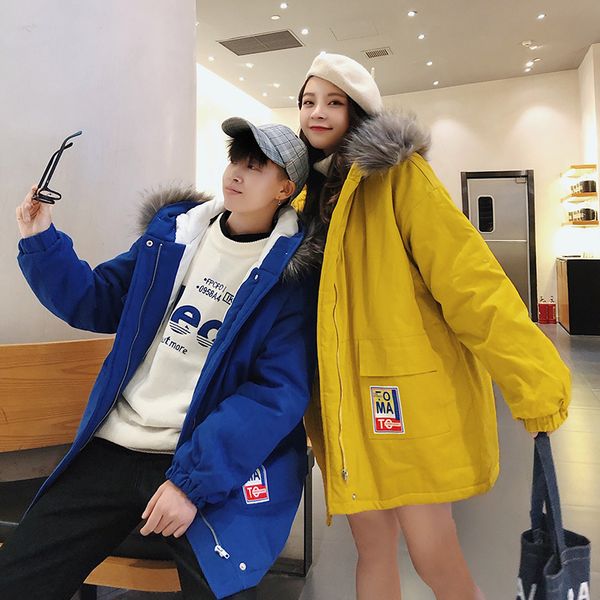 

2020 sweet couple long cotton-padded jacket large size men's cotton-padded jacket wool collar, Black