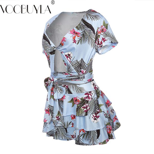 

voobuyla 2018 summer women two pieces sets lace up crop & leaves print shorts set famale beach casual deep v-neck outfits, White