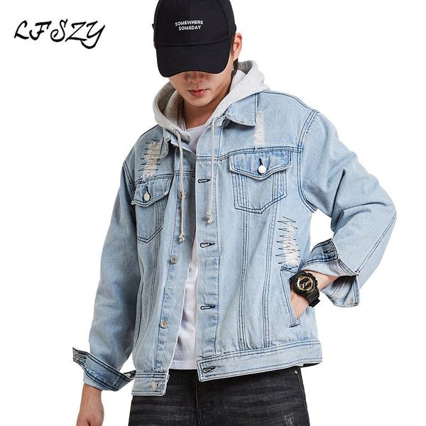 

denim jacket male 2019 spring and autumn new light blue embroidered hole with hat denim jacket handsome casual male, Black;brown