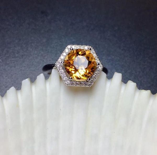 

citrine ring natural citrine ring 925 sterling silver gem size 8*8mm gem fine yellow crystal jewelry, Golden;silver
