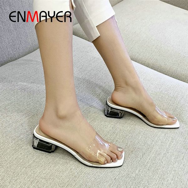 

enmayer solid plastic pu summer women slides outside square med heel fashion shallow shoes woman basic slippers women size 34-43, Black
