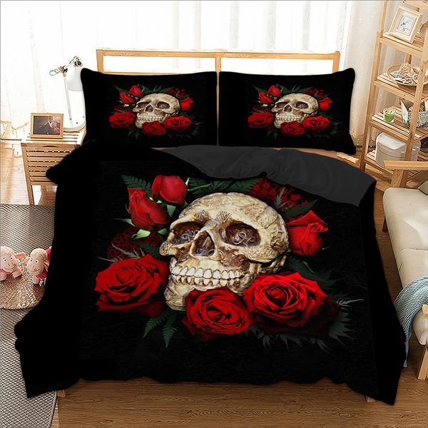 Hot Sale Skull Bedding Set Red Black With Rose Twin Full Queen