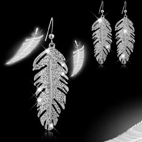 

ethnic boho women's vintage rhinestone alloy long tassel leaf feather eardrops for party wedding dangle earrings, Silver