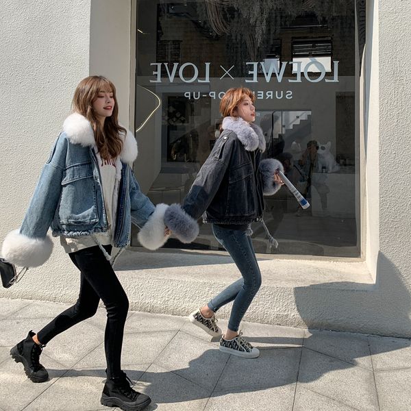 

оптовая съемные natural rex rabbit fur liner и fox меховой воротник куртки джинсы женские зимы женщин натурального меха джинсовая куртка, Black