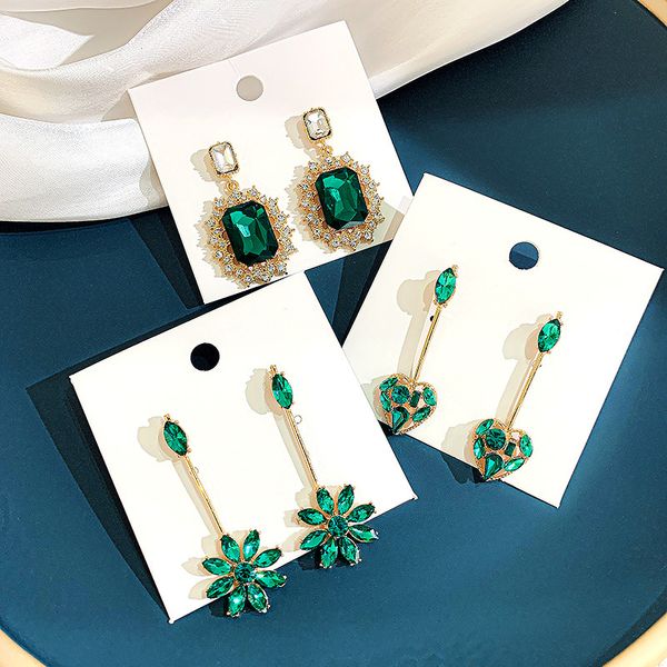 

ustar new green crystal earrings for women vintage flower heart square dangle earrings accessories fashion party jewelry gifts, Silver