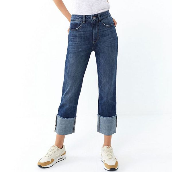 

womens plus size high waist turnover dark blue denim pants boyfriend jeans femme for women jeans straight denim pants women new