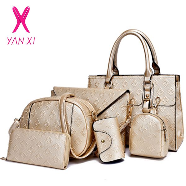 

6pc bags/set luxury compostie bags pu leather women messenger bag +purse +hand bag +key clutch shoulder tote lady handbag