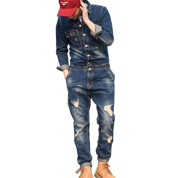 

kimsere fashion men's ripped jeans bib overalls with holes distressed denim jumpsuits workwear suspender pants for male, Blue