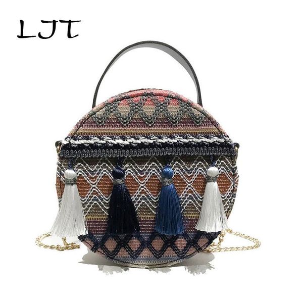 

ljt hand-woven round woman's shoulder bag handbag bohemian summer straw beach bag tassel chain shoulder travel bag bolsos mujor d190112