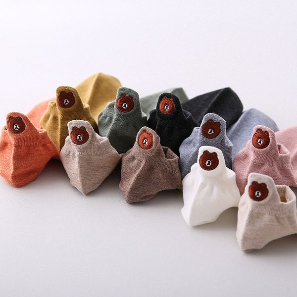 

2019 summer new products pure cotton carton shallow mouth boat socks embroidery small bear head invisible socks sc127-10pairs, Black;white