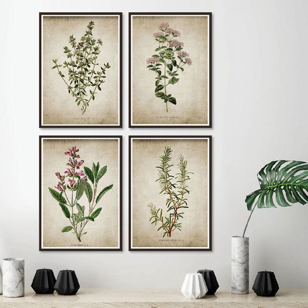 

vintage poster art prints , oregano rosemarythyme canvas painting rustic art wall picture farmhouse retro wall decor