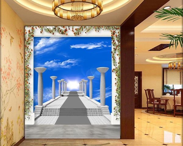 Carta da parati fotografica 3D personalizzata Decorazioni per la casa Bellissimi fiori Cielo blu Nuvole bianche Scala verso il paradiso Carta da parati murale in seta con portico interno