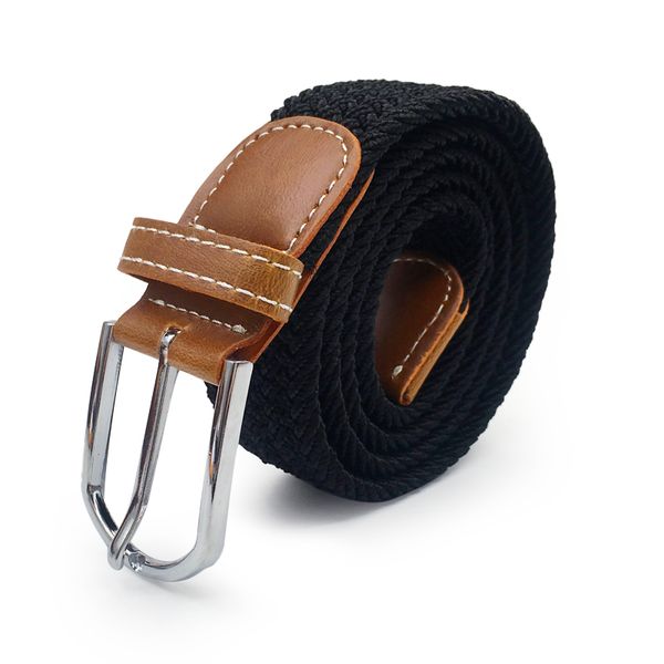 

men elastic stretch waist belt black canvas stretch braided elastic woven leather belt wide metal for men, Black;brown