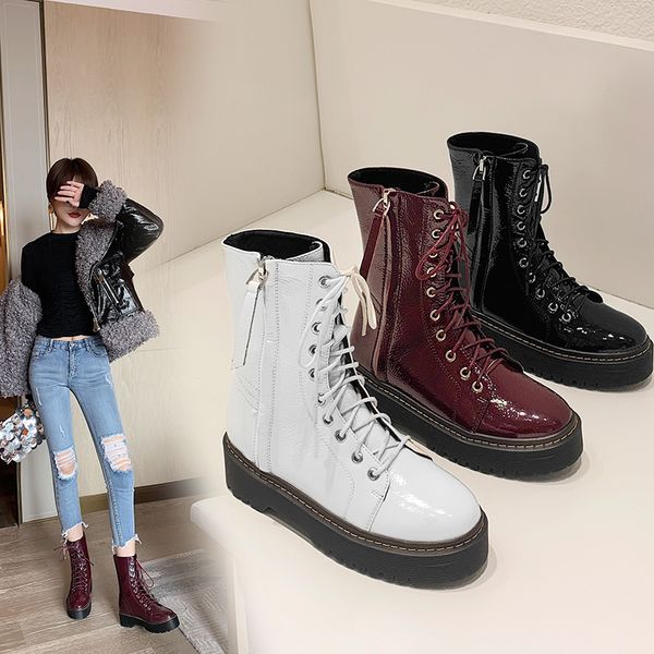 

2019 new autumn leather lady's boots lace-up chic ankle boots thick-soled wear-resistant riding size 34-40, Black