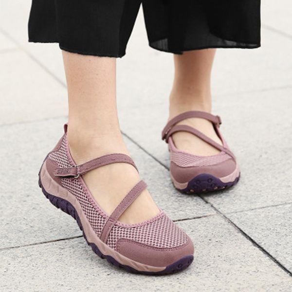 

woman buckle flats women hook loop mom shoes female mesh breathable ladies casual women's round toe footwear plus size, Black