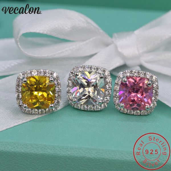 Vecalon Elegante Brinco Almofada Cut 2ct 5A Zircon 925 Esterlina Prata Noivado Noivado Brincos Para As Mulheres Partido Jóias