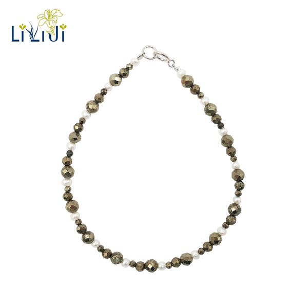 

lily jewelry tiny real freshwater pearl,pyrite faceted 925 sterling silver shining bracelet fashion jewelry for women, Black