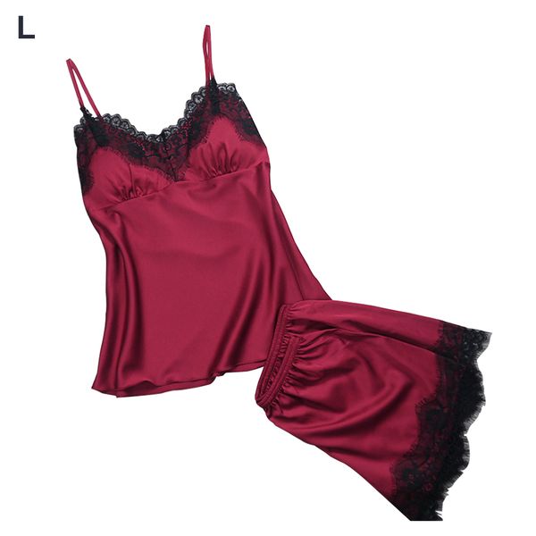 

woman sleeveless silk satin lace sling pajama set v neck nightwear homewear sleepwear shorts, Black;red