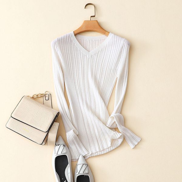 

fashion autumn 100% cashmere rib v neck sweater women basic knitted pullover jumper with long sleeve, White;black
