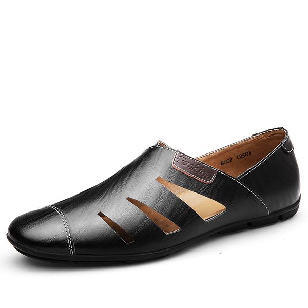 

2019 summer leather men casual shoes fashion brand men shoes slip on hollow out dress zapatos hombre, Black