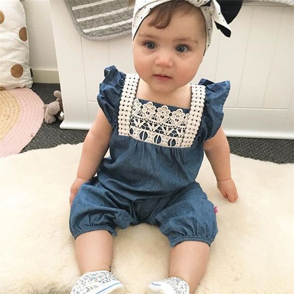 

2020 imitation denim lace jumpsuit newborn baby girl denim romper jumpsuit bodysuit outfits sunsuit clothes, Blue