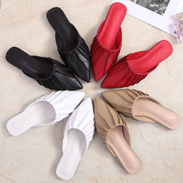 

2020 new korean version pleated flat outside slippers pointed shoes for women mill shoes, Black