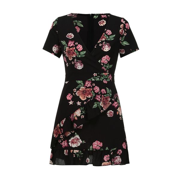 

fashion-brand designer print flower dresses women v-neck long sleeve high waist mini a line dress female short dress holiday beach summer, Black;gray