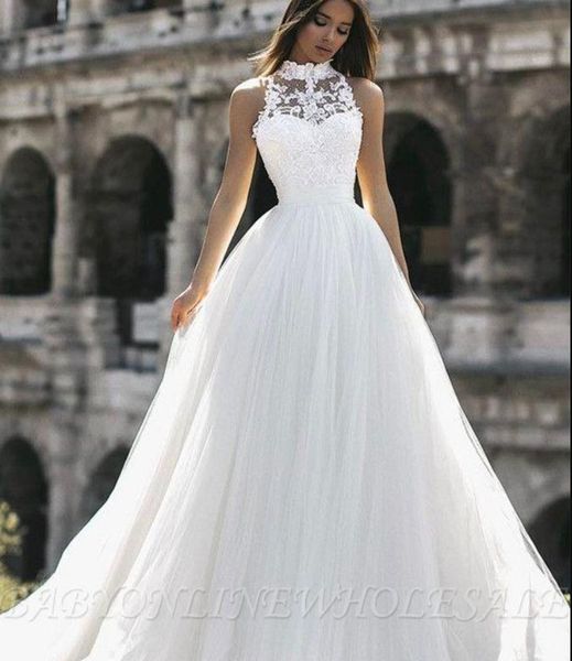 Discount Arabic Simple Designer A Line Wedding Dresses Halter High