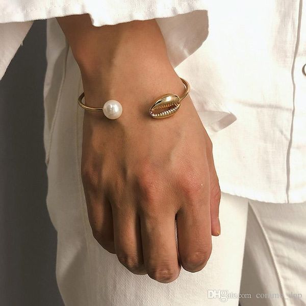 

мода pearl shell рука манжета браслет для женщин простой золотой проволоки открыть браслет геометрической boho ювелирных изделий подарка, White