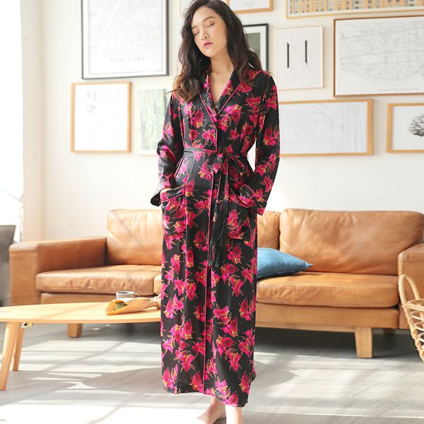 

new summer silk nightgown lady's pajamas long style ice silk fashion bath satin robe spring and autumn household clothes, Black;red