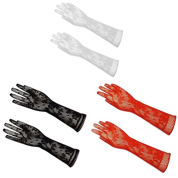

five fingers gloves lace solid colors women girl elastic hip-hop super long mitten transparent cutout high stretch party guantes, Blue;gray