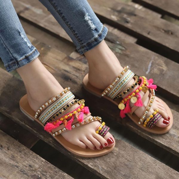 

2019 women's slippers rome summer beach casual shoes bohemian ethnic style flat heel wimen sandals rhinestone mujer slides, Black