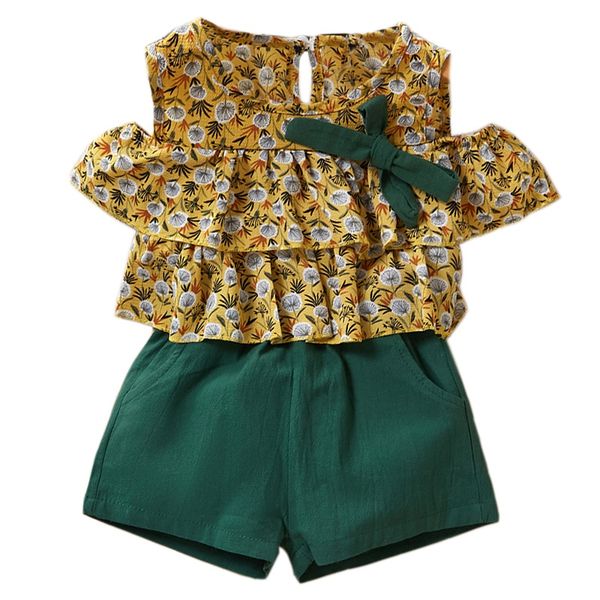 

kids clothes set summer style girls children dandelion print chiffon off shoulder shirt +pocket shorts two piece sets kids casua, White