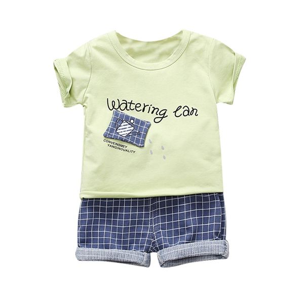 

baby boys clothes summer short sleeve cartoon letter print t-shirt +plaid shorts casual costume set, White