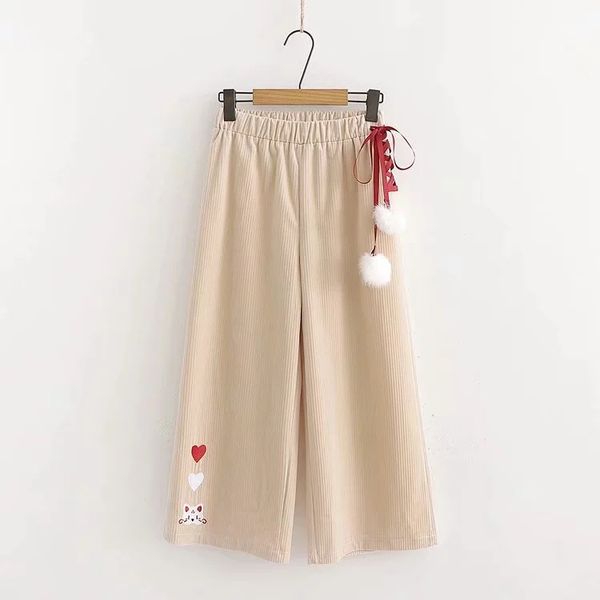

new autumn winter high waist cute cat embroidery wide leg pants japanese mori girl lace up hairball loose pants female trousers, Black;white