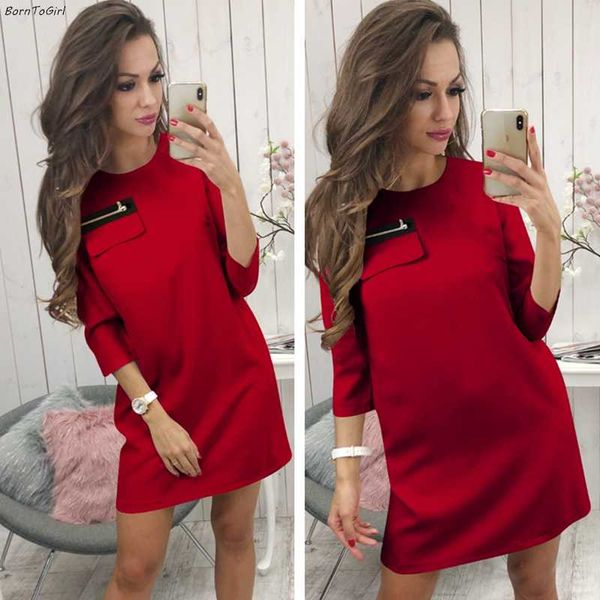 

borntogirl spring autumn women casual 3/4 sleeve a-line black yellow red synthetic-fabric dress robe femme, Black;gray