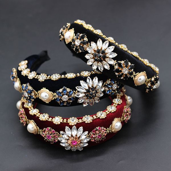 

fashion versatile headband new european and american baroque luxury rhinestone geometry flower show headband 731, Golden;white