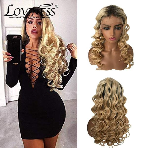 

highlight 13*6 loose wave lace front wigs 1b613 remy ombre pre-plucked 28 inch brazilian honey blonde curly black human hair wig, Black;brown
