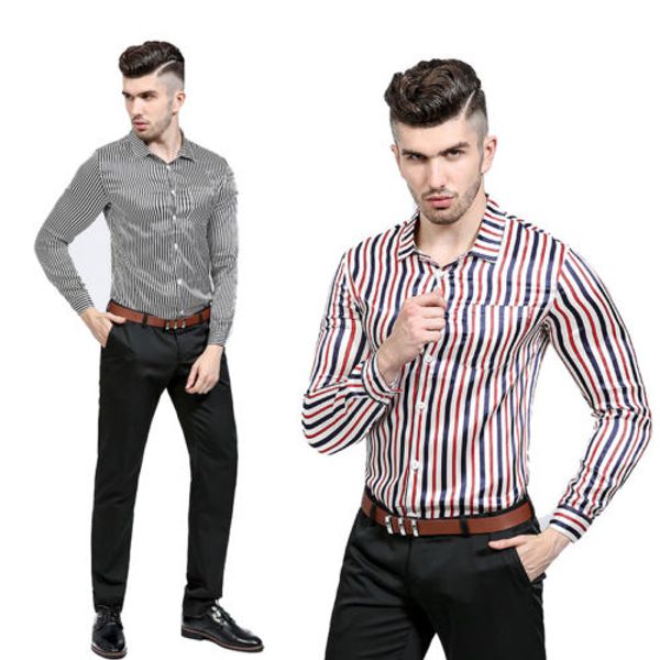

new men's striped casual shirts long sleeve slim fit business dress shirts, White;black