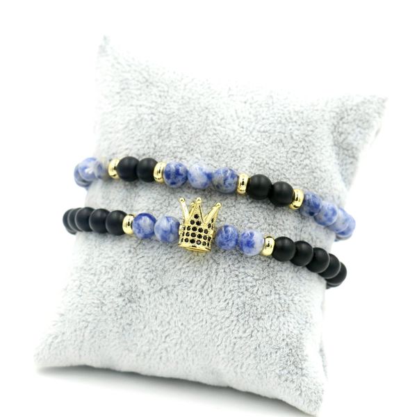 

2pcs/set natural stone 6 mm beaded crown bracelet for men women bracelets couple jewelry, Black