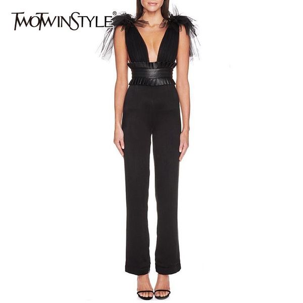 

twotwinstyle сетка пэчворк сексуальный комбинезон женщины v шеи с плеча спинки высокая талия туника топы patns женский 2019 мода, Black;white