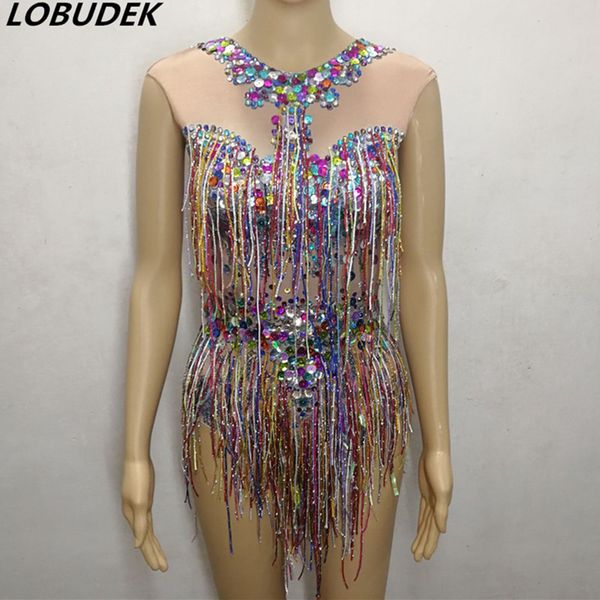 

colorful tassels rhinestones bodysuit sparkly fringes sleeveless bodysuits nightclub women dance stage wear singer performance costumes, Black;red