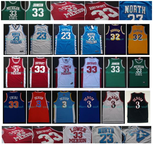 

ncaa michael 23 mj north carolina jersey lower merion 33 bryant allen 3 iverson magic 32 johnson michigan state 100% stitched basketball, Black