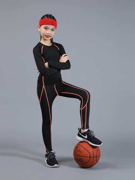 

boy and girl thermal underwear compression t-shirt fitness pants quick-drying fashion clothes basketball sportswear 2 piece suit, Black;blue