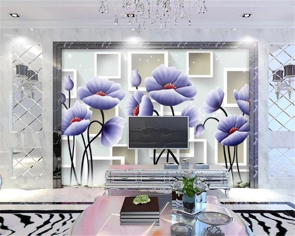 Carta da parati domestica 3d Carta da parati murale di seta decorativa della parete del bello sfondo 3D dei tulipani blu romantici