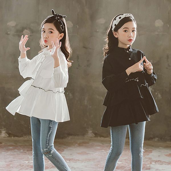

white school blouse for teenage girl cotton ruffles solid toddler kids blouses and shirts children boutique clothing 12 13y, White;black